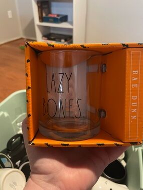 *Rae Dunn Clear Glass Mug with Black Lazy Bones  in Orange Box